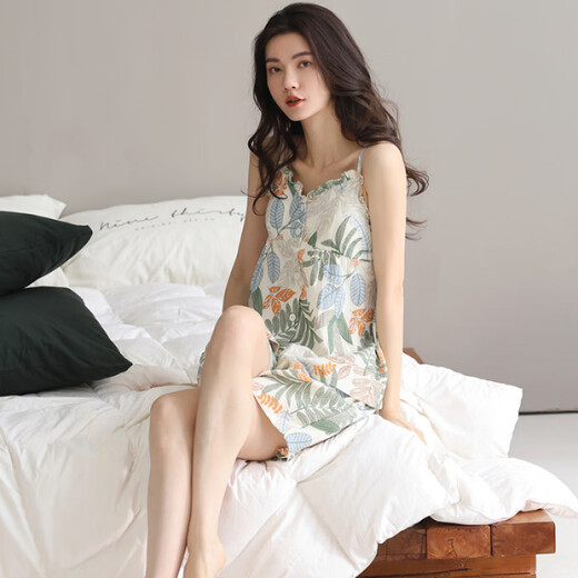 COLORFUL GEMS吊带睡衣女夏季款带胸垫棉纱布家居服2025短袖棉套装 JYR-吊带套N5010 175 L