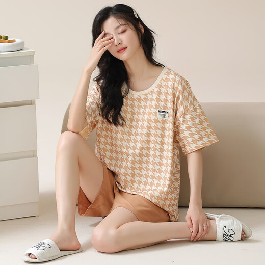 Jiaocaimeng pajamas with breast pads for women summer 100% cotton short-sleeved cartoon girls students and teenagers home wear set QM1355 (with breast pads) 100% cotton M ladies (recommended 80-95Jin Jin equals 0.5 kg)