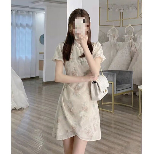 荣西图（RONGXITU）夏季法式复古旗袍连衣裙女短袖气质 838米白 M