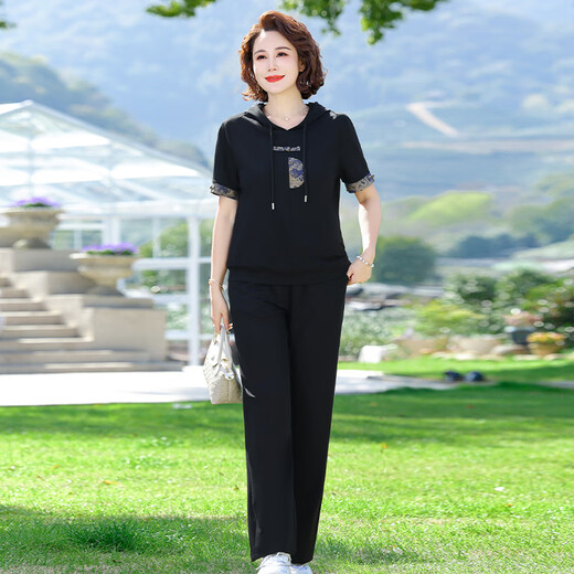 
Ziyan middle-aged and elderly mother sports suit for women 2025 summer new 50-year-old middle-aged women's clothing fashionable two-piece suit for women 831 black 2XL (recommended 100-115Jin [Jin equals 0.5 kg])
