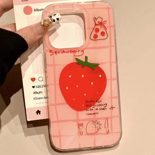 
Checked strawberry for iPhone16 mobile phone case holder Apple Huawei vivo Xiaomi OPPO Honor anti-fall cover White large hole [full screen]-transparent white [0]-LIYIK1048 grass iphone 11