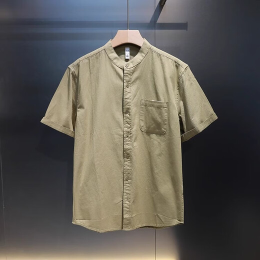 Chenhao summer ice silk cool cotton and linen light luxury style Henry collar short shirt trendy men's dark pattern Korean style no-iron handsome short shirt white XL suitable for 130-150Jin Jin is equal to 0.5 kg