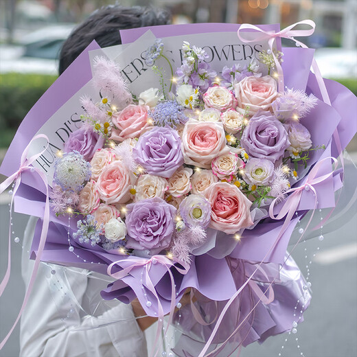 HuaDe flower express delivery, rose bouquet birthday gift for girlfriend to express love within one hour, nationwide same-day delivery in the same city Purple Story Purple Rose + Pink Lychee | dyr80