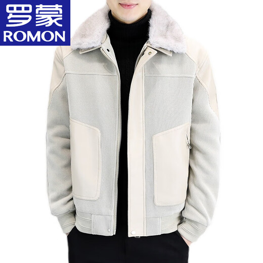 ROMON men's woolen plus velvet thickened leather jacket, removable fur collar, color-blocked sherpa jacket, handsome and fashionable leather jacket, off-white L, refer to around 110-125