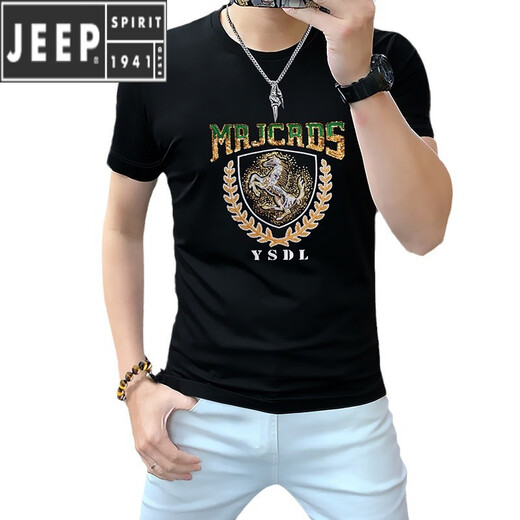 JEEP SPIRIT2025 short-sleeved T-shirt for men's mercerized cotton half-sleeved European and American hot diamond European station round neck slim ice silk sequin A838 black 2XL