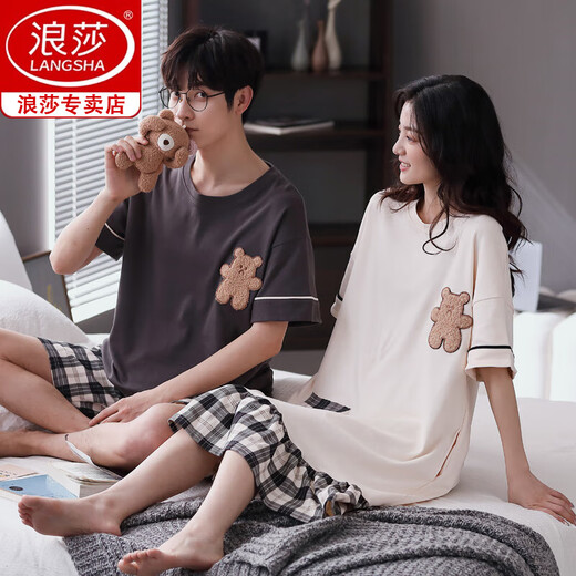 浪莎纯棉情侣睡衣男女夏季短袖短裤新款夏天全棉套装高档家居服可外穿 5009 M 单女(建议80-100斤)