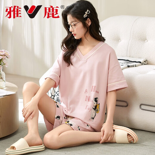 Yalu Sommer koreanische Frauen reine Baumwoll-Kurzärmel-Shorts Pyjamas tragen lässige und frische Baumwoll-Hauskleidung Dünne Sommerstrustkissen 12611 m (75-95jin [Jin ist gleich 0,5 kg])