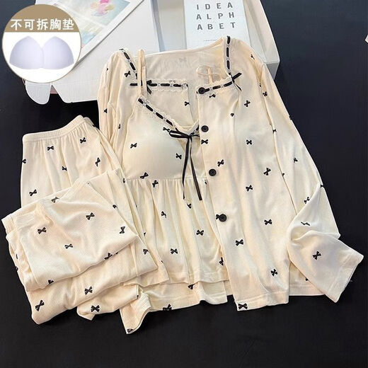 Fhhuabd-Pyjamas mit Baumwoll-Reisstadel für Frauen Frühling und Herbstmodal warm warm, langhärme graue Schlinge Bug Kleidung Drei-teilige Set 6621#. Schwarz-MODAL-DREI-SET XL empfohlen 120-135jin [Jin ist gleich 0,5 kg]