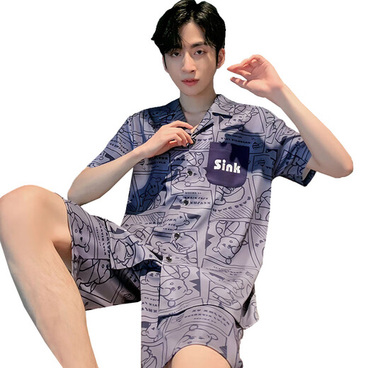 Catman (Miiow) ICE Seidenpyjamas Herren Sommer kurzärmelige Hose dünner Stil für junge Jungen Sommer-Herren-Hauskleidung 2025 Neuer Stil Set 12532 [Yunduo-Baumwollcrepe] l (empfohlene Größe beträgt etwa 170, Gewicht beträgt 100-