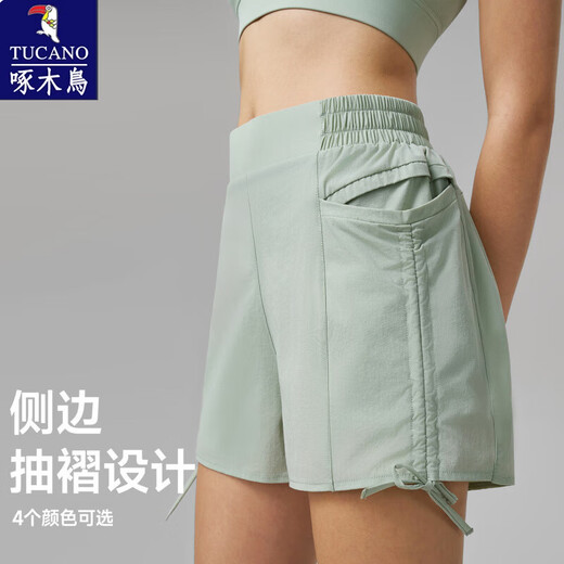 Woodpecker New Women's Sports Shorts Running Anti-Light Drawstring Pleated Yoga Shorts High Waist Belly 2025 Spring and Summer Bean Paste Green S