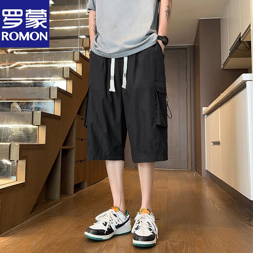 罗蒙（ROMON）军绿色工装短裤男夏季冰丝凉感七分裤子男潮牌宽松休闲哈伦运动裤 679军绿 XL 约140-160斤可穿