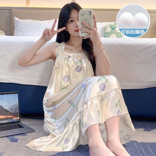单南卫睡裙女夏季自带胸垫冰丝凉感吊带睡衣夏天女士甜美可爱家居服春秋 3887【不可拆胸垫】 L 【95-120斤】