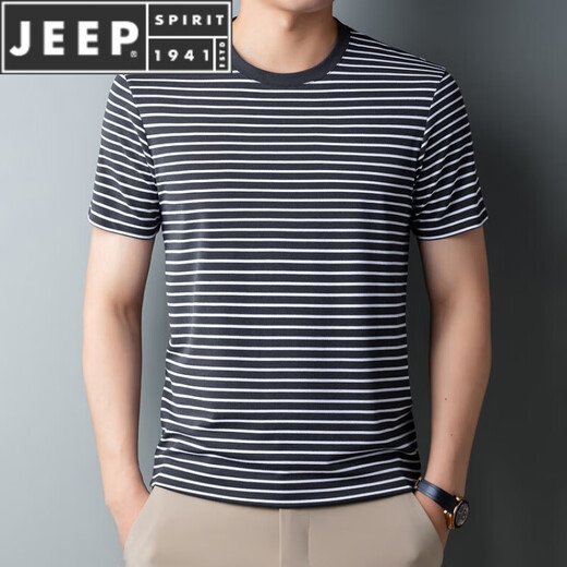 JEEP SPIRIT夏季加肥加大码胖子海魂衫短袖T恤男士中老年宽松蓝白条纹海军衫 9866蓝色 XL 180