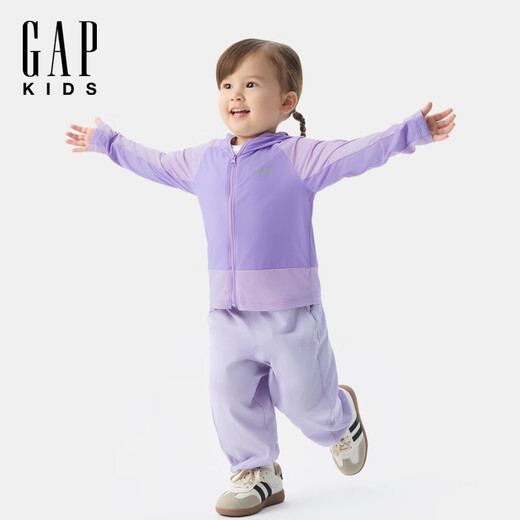 Gapu same style for both big and small children, girls 2025 summer new contrast color elastic casual sun protection cool hooded jacket, purple 130 cm (8-9 years old) Asian size