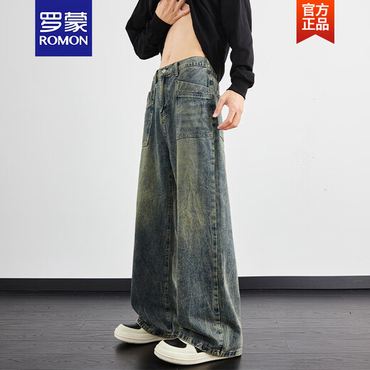 罗蒙（ROMON）闪电纹水洗牛仔裤男夏季新款复古宽松直筒阔腿裤高街美式裤子 1049黑渐变 S