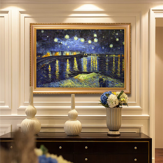 梵高世界名画临摹 罗纳尔河的星夜 凡高手绘印象派抽象画 692金实木框 80X60