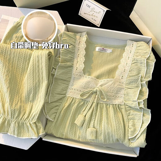 FHHUABD Pajama intégré pour femmes, coton à manches longues et automne 2024 NOUVELLES vêtements de maison sucrés de style princesse 9926 Green pour femmes (poitrine de poitrine) m [suggérer le poids 80-100 Jin [Jin est égal à 0,5 kg]].