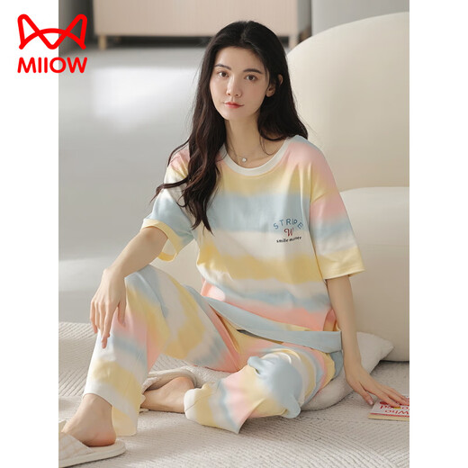 猫人（MiiOW）夏季女士短袖睡衣套装100纯棉长裤家居服全棉可外穿夏天条纹卡通 Y9711 M (建议75-95斤)