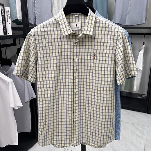 Old man head (LAORENTOU) pure cotton summer new men's short-sleeved shirt business casual plaid half-sleeved men's top shirt middle-aged and young AN15271 khaki 2XL