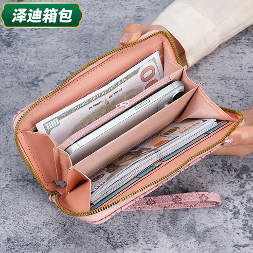 芸洛新款时尚印花钱包女款大容量随身带拉链长款钱包手拿包手机包 咖色