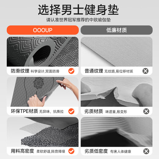中欧专业瑜伽垫男士健身垫加厚加大防滑静音初学者家用训练运动地垫子 灰【TPE体位线1米x2米】赠收纳袋 8mm