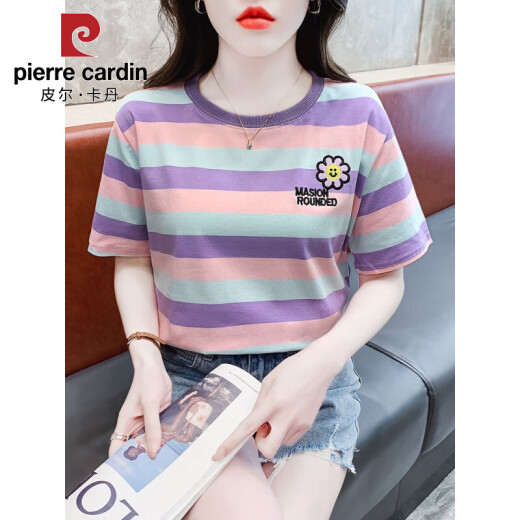 皮尔卡丹（PIERRE CARDIN）条纹短袖t恤女宽松韩版女装2025年夏季新款百搭体恤圆领半袖上衣 红色 9928 L 建议105-125斤