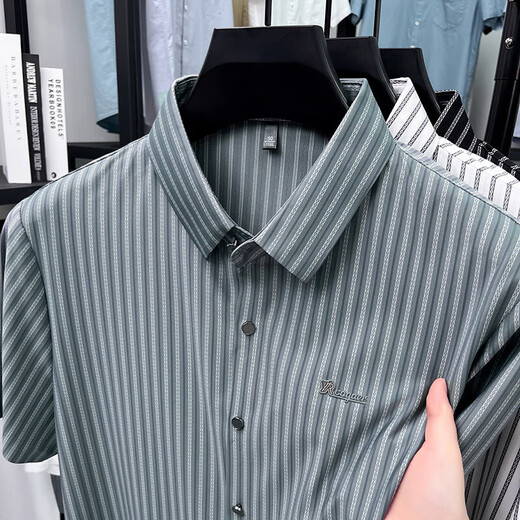 Old man's head (LAORENTOU) short-sleeved striped shirt men's 2025 summer trendy half-sleeved shirt business casual no-solution elastic elastic AN15279 gray XL