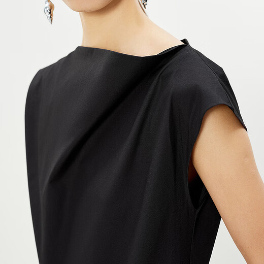 Weniger [gleicher Stil im Einkaufszentrum] 2025 Sommer neuer unregelmäßiger Kragen Baumwollhülsenkleid 2p4g12170 009 Fake Black S
