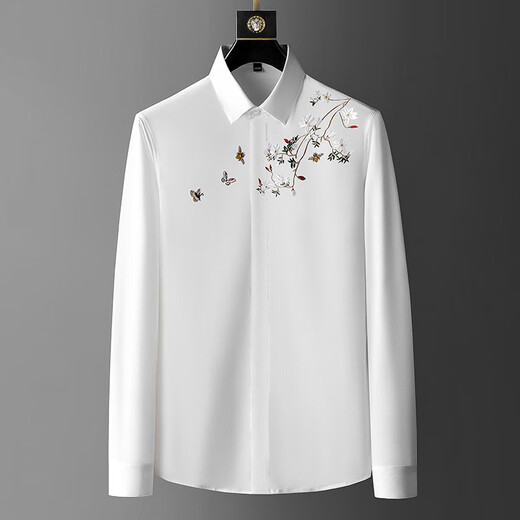 
Walker Shop long-sleeved shirt for men, luxury high-end European white swan ironing diamond slim casual and free hot fashion personality shirt White 3129 XL