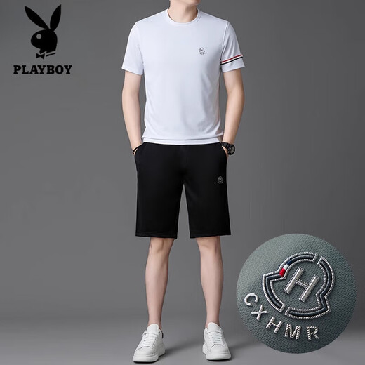 花花公子（PLAYBOY）品牌高档冰丝套装男夏季2025新款速干短袖短裤跑步休闲运动服 绿色套装【13601-1】 M 165 【适合体重100-120斤】