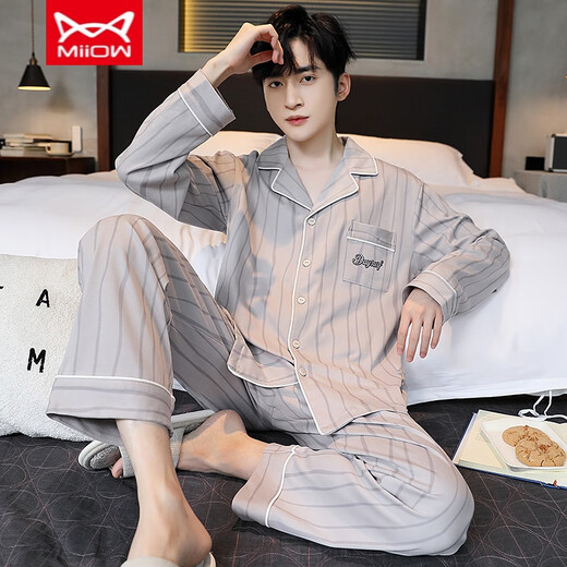 Catman Miiow Spring and Automne Pyjamas for Men Cotton Pure Cotton Lutte Large Taille pantalon à manches longues décontractées Le style d'été et d'hiver peut être porté à l'extérieur pour les vêtements à domicile omm12004 L (recommandé 100-130jin [Jin est égal à 0,5 kg]))