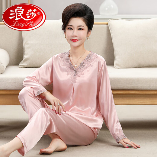 浪莎（LangSha）妈妈睡衣女2025年新款舒适夏季长袖中老年人丝绸家居服套装可外穿 684银色（长款长款） XL 建议105-120斤