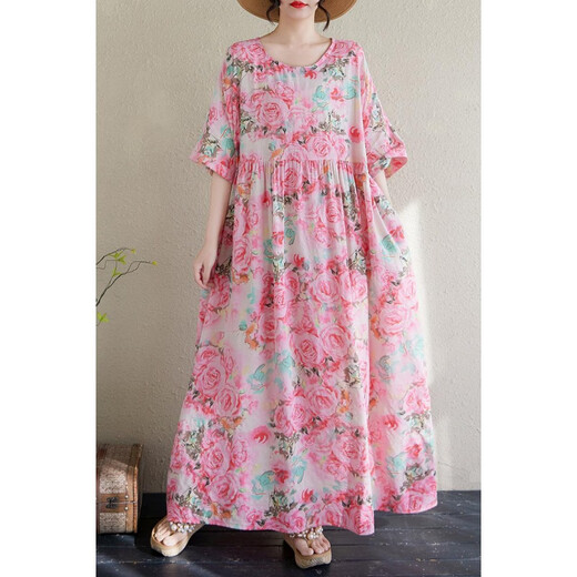 Jiandang grande taille Vêtements féminins Fat MM printemps et été ronde ronde Impression littéraire de style bohème robe longue robe longue 16836 rose unique [200jin [Jin est égal à 0,5 kg] ci-dessous]