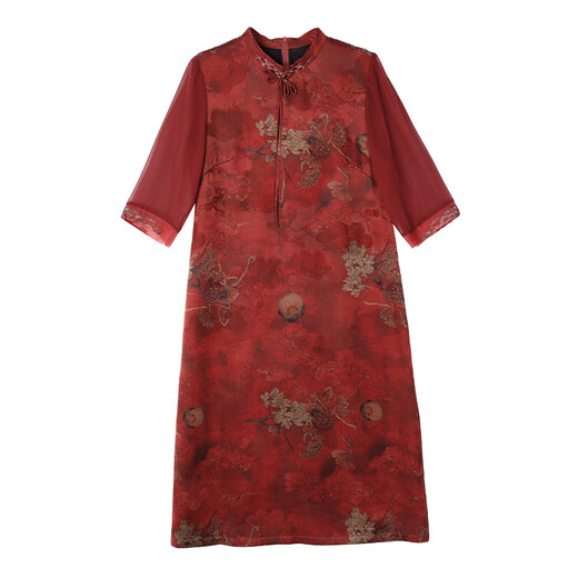 GIOIO香云纱连衣裙新品喜婆婆婚宴装日常可穿高贵年轻妈妈礼服改良旗袍 红色 JY-9901 XL