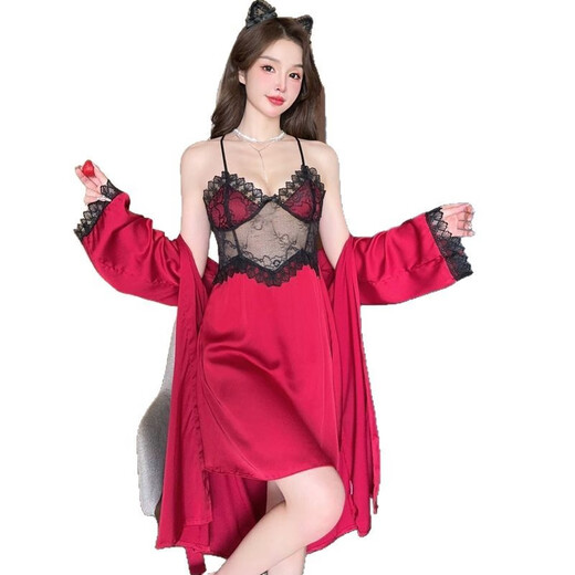 姿伟祺蕾丝吊带睡裙风情两件套睡衣睡袍 9221黑 M