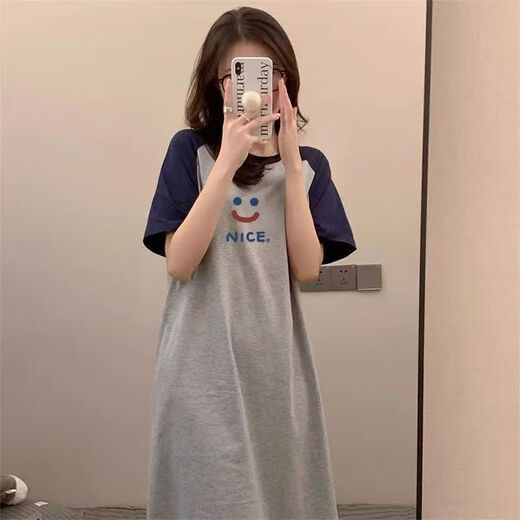 Buntes Edelstein Sommer Schlanker Nachthemd lose losen kurzärmeligen koreanischen Stil Kleidung Langer Rock 1105# grauer Emoji-Rock gleich groß