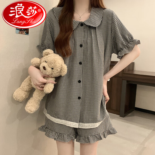 Langsha (Langsha) Pyjamas mit Brustpolster für die Kurzärischung von Frauen in der Kurzärmelung von Tianshi Coton Plaid.