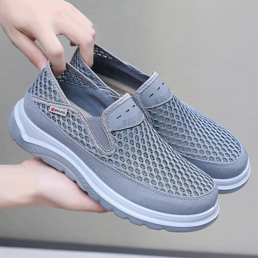 
Brigjing men's shoes for summer breathable one-foot old Beijing cloth shoes mesh lightweight soft sole dad walk travel sports net shoes black BRJ-12352 39