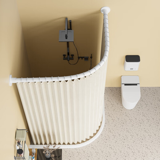 Ingenuity - Kohler Shower Room Folding Curved Bathroom Partition Curtain Shower Curtain Waterproof Curtain No Punching L-shaped Dry and Wet Separation White Water Blocking Clause White Stainless Steel + Folding Milk Curved Telescopic Rod Type C Suitable Range (901