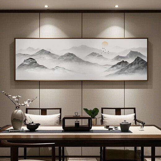 Zilang living room decorative painting sofa background wall ink Zen landscape painting wall hanging painting tea room office calligraphy and painting mural 04-backed 70*210 bright gold aluminum frame + plexiglass SF Express