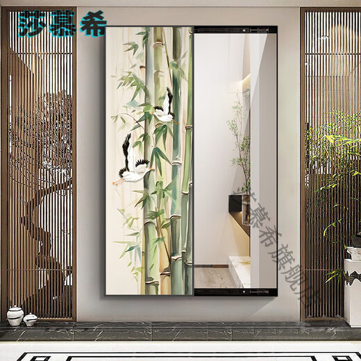 莎慕希（SHAMUXI）竹报平安客厅隐藏式全身镜装饰画新中式玄关镜子挂画卧室穿试衣镜 WH-725-E-竹报平安 50*150+晶瓷防刮+左推拉