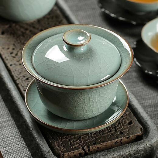 Yunshun Dehua Ge Kiln Sancai Covered Bowl Ice-cracked Tea Bowl Single Tea Brewing Kung Fu Tea Set Household Ceramic Tea Cup Ge Kiln Covered Bowl-Tianqing 170ml