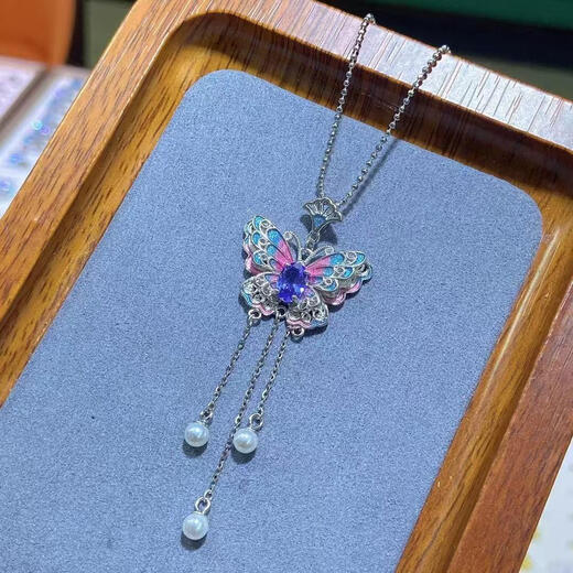 LZJV silver inlaid, non-fading, non-allergenic, natural topaz, tanzanite, painted butterfly necklace, women's national style fidelity, free certificate, topaz sky blue pendant