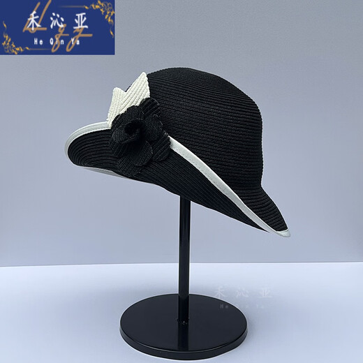Heqinya Camellia Sun Hat Top Hat Small Fragrant Style Half-trim Straw Hat Summer Anti-snatch Fisherman Hat Rich Color Contrast Edge Black Camellia Half-trim Straw Hat M(56-58cm)