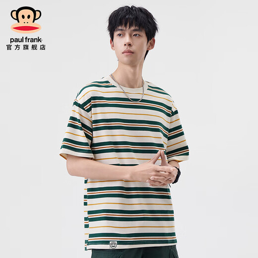 大嘴猴（paul frank）美式潮牌条纹男士短袖T恤春夏季薄款宽松圆领弹力百搭男装体恤衫 绿色698D【官方正品】 L 【建议125-140斤】