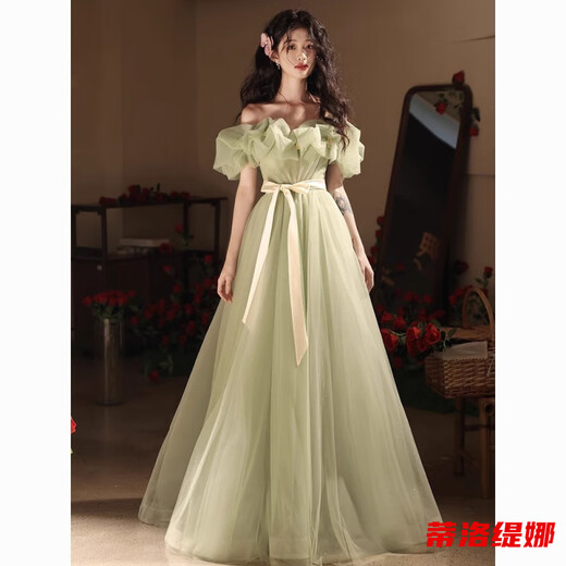 Tilotina one-shoulder evening dress high-end light luxury niche elegant and grand banquet performance graduation adult ceremony dress female green S