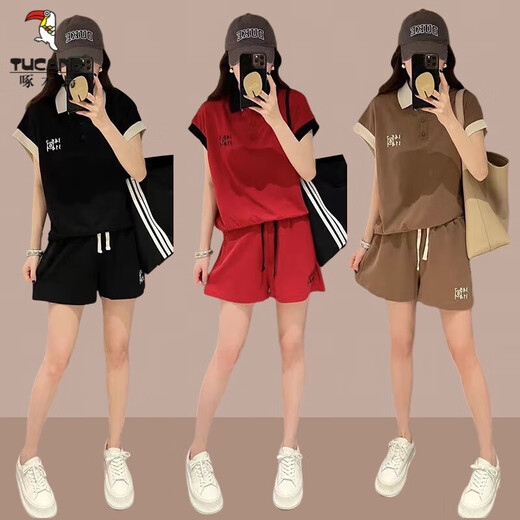 Вмески европейская станция Pure Cotton Wide Shorts Set Women's Women's 2025 Summer Loose Ship Shot Shoto Polo Casual Sport Trend Red [Краткий рукав + шорты с двумя частями] M Рекомендуется 95JIN [JIN равно 0,5 кг]