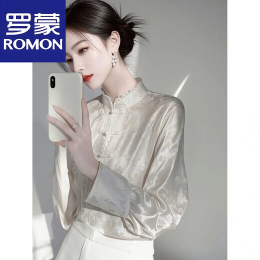 ROMON early spring Chinese style jacquard lace stand collar new Chinese style long-sleeved shirt women's high-end temperament top 8899 white long sleeve XL 115-125