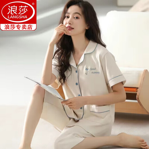 浪莎夏季纯棉睡衣女短袖七分裤大码开衫中青年女士套装外穿家居服夏天 n9896 M 80-100