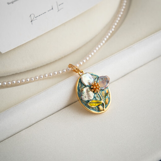 Baroque Pearl Pendant Oil Painting Necklace Women's New Chinese Style Freshwater Flowers Light Luxury Niche Single Oil Painting Pendant Buckle